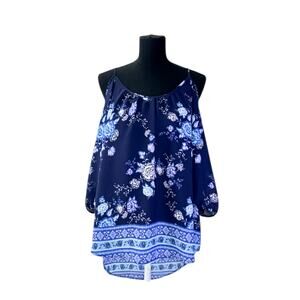 Pink Rose Boho Blue Floral Lightweight Cold Shoulder Blouse Women's Size L